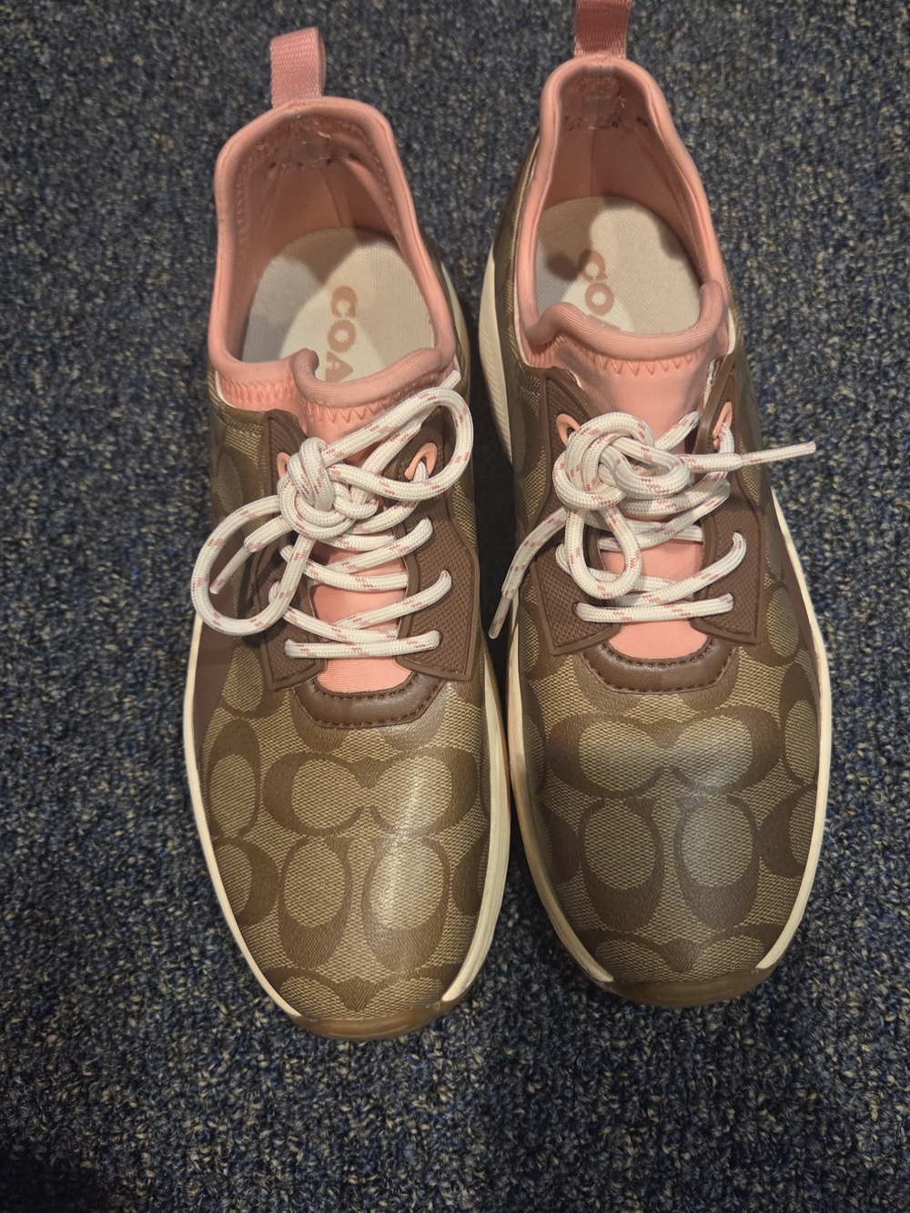 Coach Brown Signature Logo Sneakers with Pink Accents